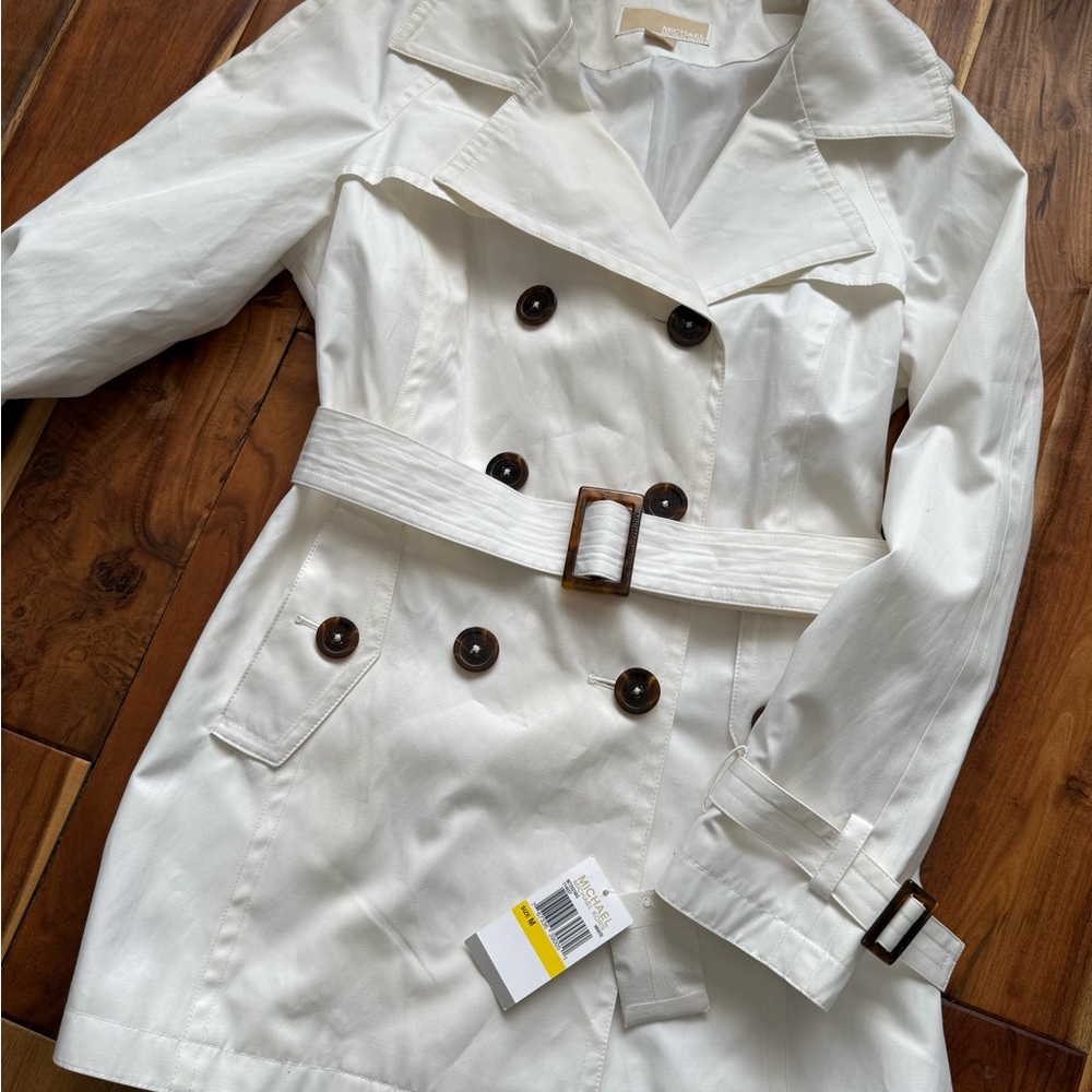 Michael Kors White Double-Breasted Trench Coat with Tortoise Buttons